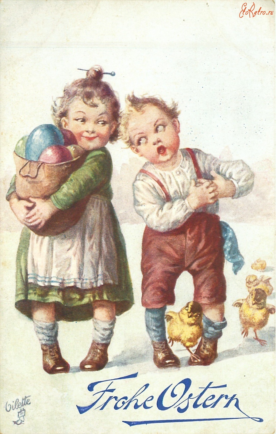 Ретро открытки - Малыши, пасхальная корзина и цыплята