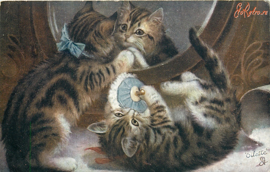 Ретро открытки - Модницы. Котята, зеркало и пуховка с пудрой