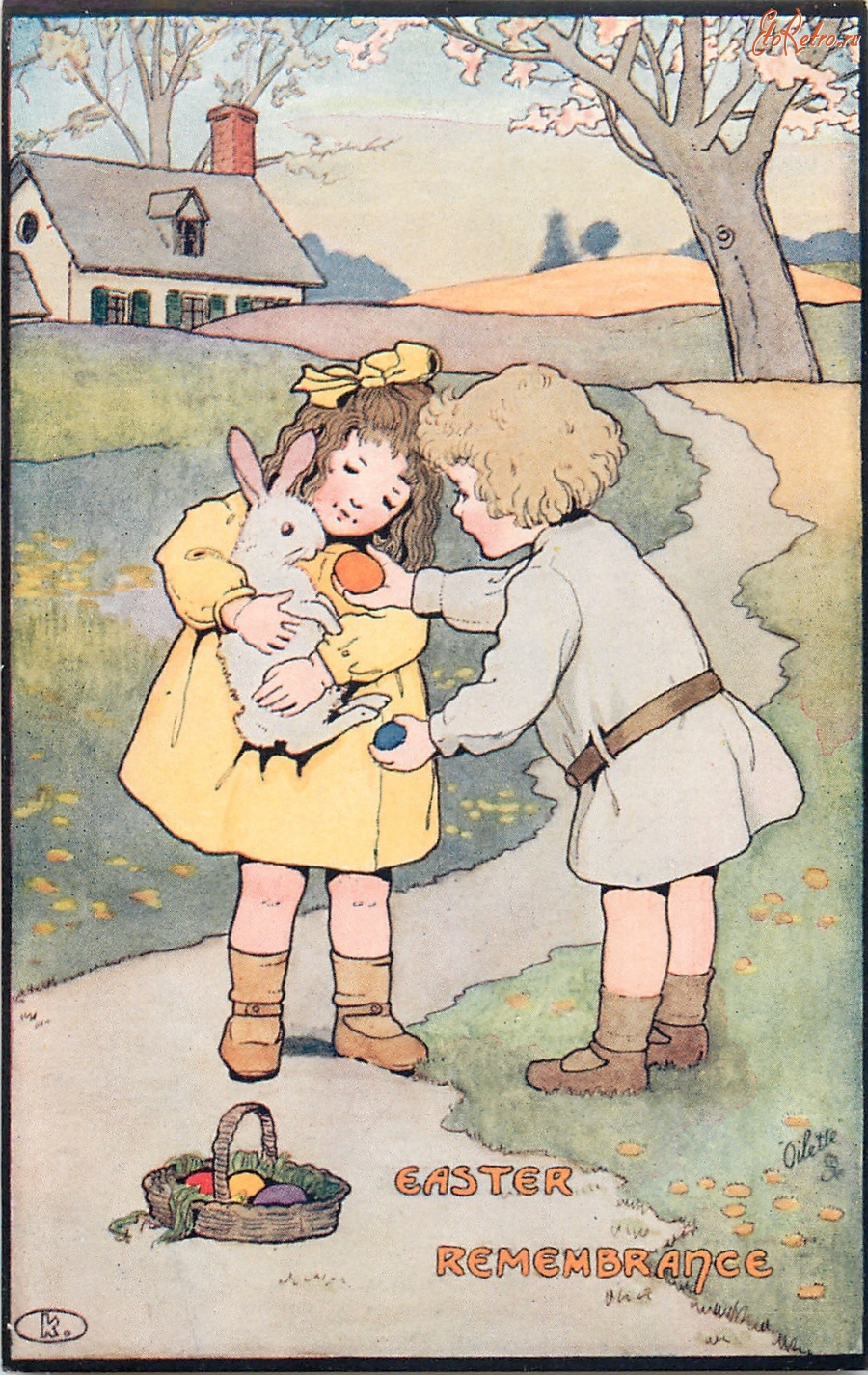 Ретро открытки - Две девочки, кролик и сельский пейзаж