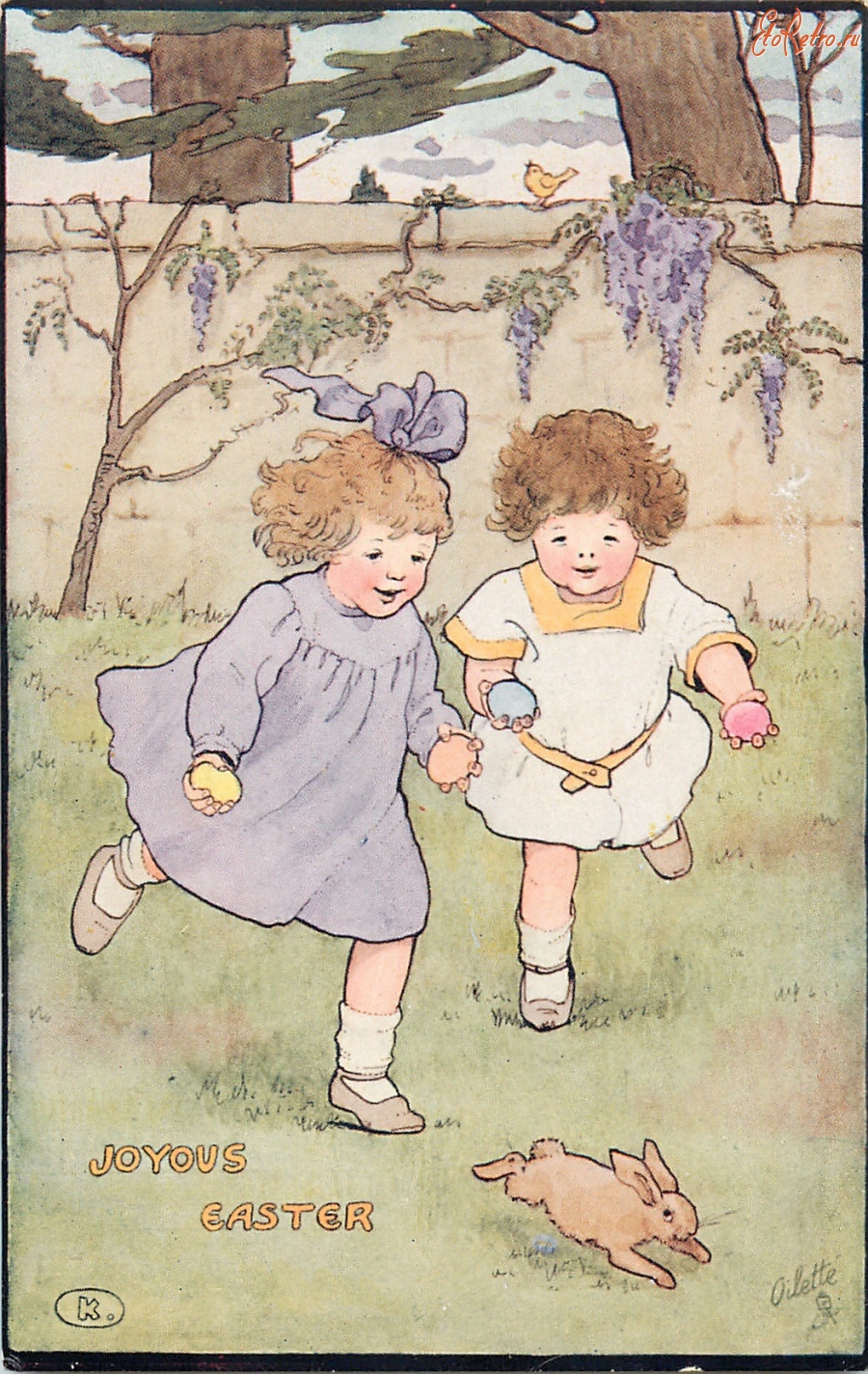 Ретро открытки - Две девочки, кролик, пасхальные яйца и цветы глицинии