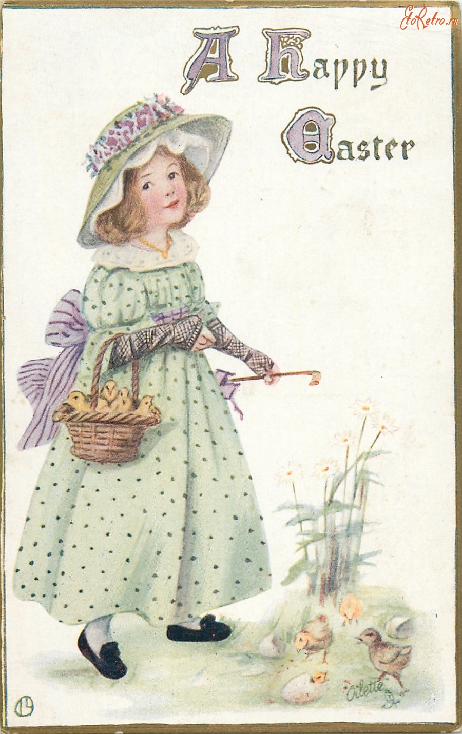 Ретро открытки - Девочка в зелёном платье и корзина цыплят