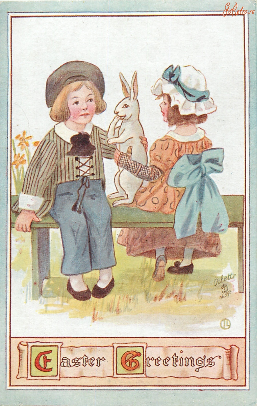 Ретро открытки - Дети на скамейке и кролик