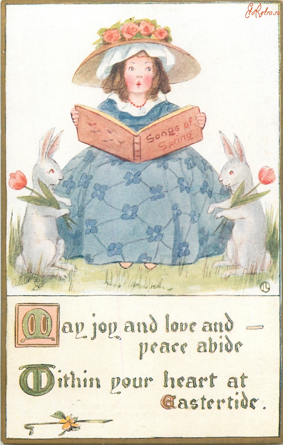 Ретро открытки - Девочка в голубом платье, весенние песни и кролики