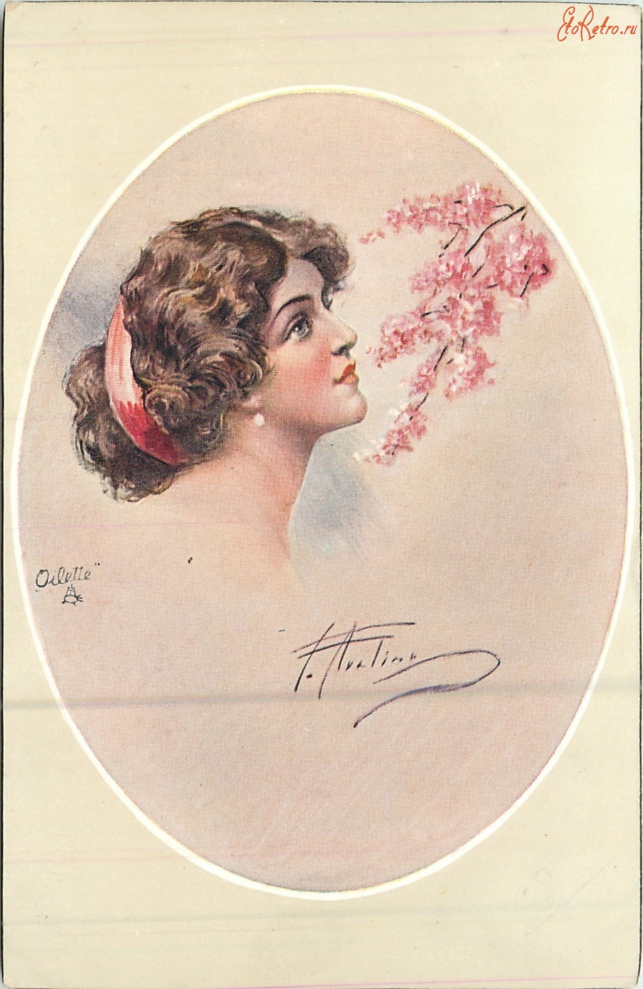 Ретро открытки - Девушка с красной лентой и яблоневый цвет