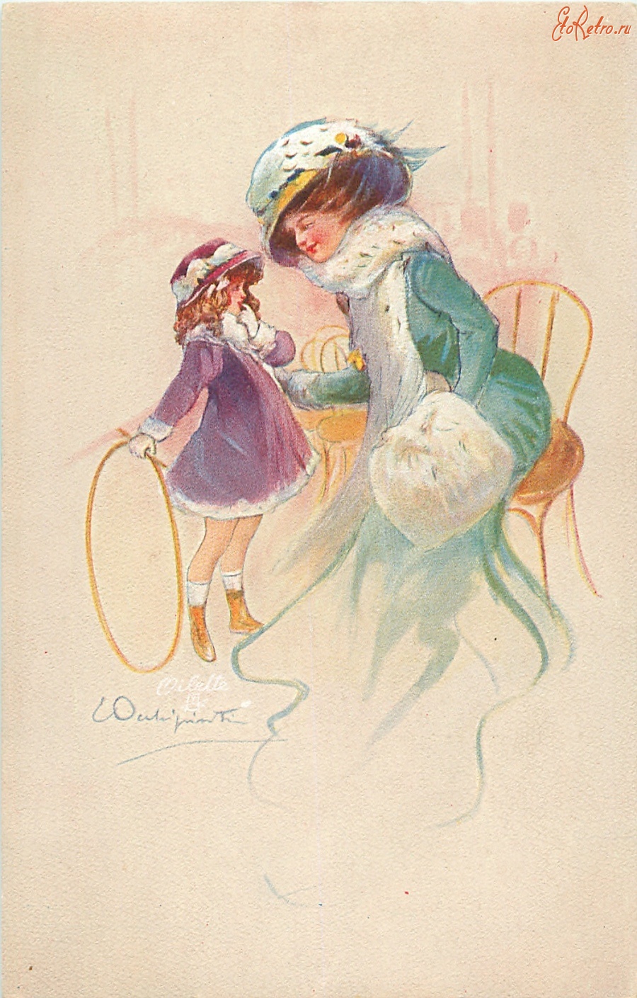 Ретро открытки - Мать и дочь в костюмах для прогулок