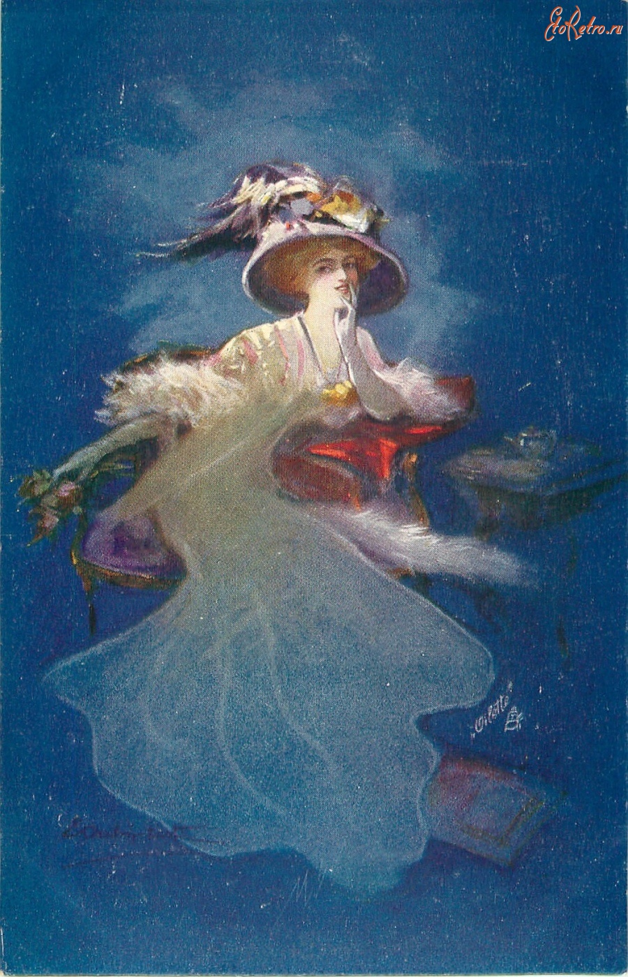 Ретро открытки - Элегантная женщина в шляпе за чайным столиком