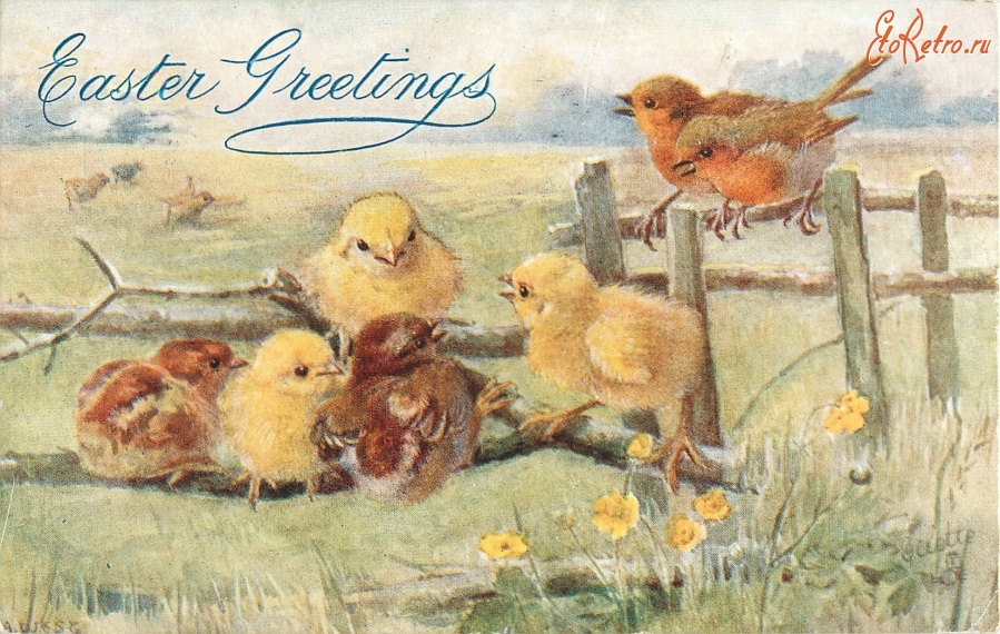 Ретро открытки - Счастливой Пасхи. Малиновки на изгороди и цыплята на ветке