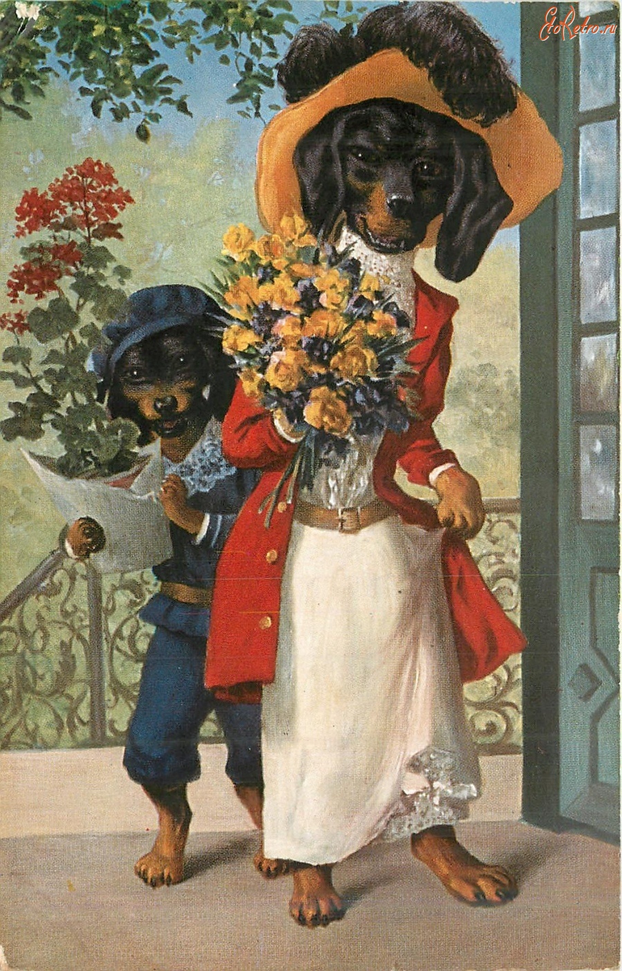 Ретро открытки - Ребенок с горшком герани и дама с букетом роз