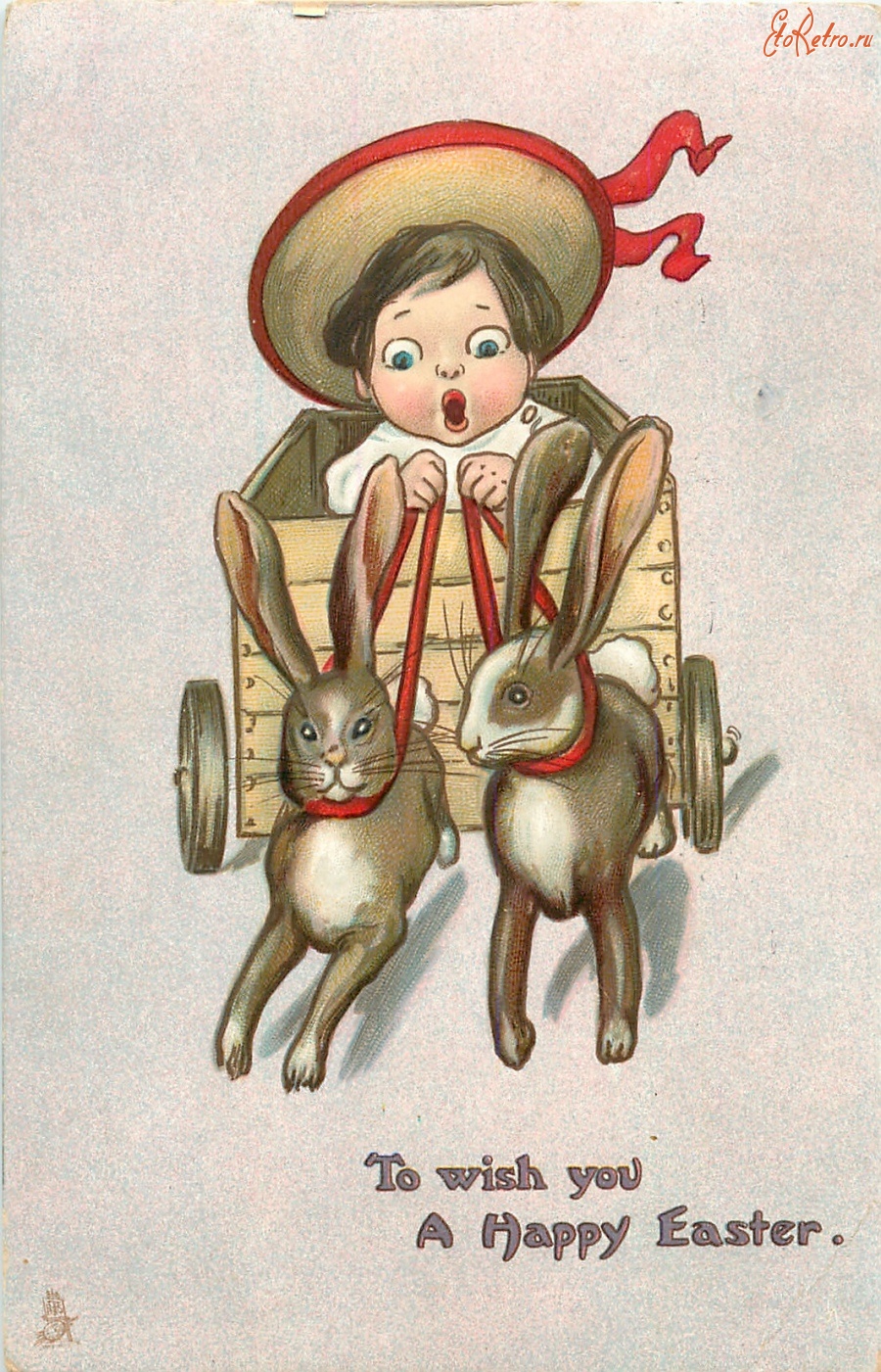 Ретро открытки - Счастливой Пасхи. Ребенок в коляске и два кролика