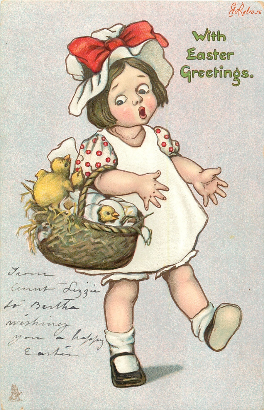 Ретро открытки - Счастливой Пасхи. Девочка и корзина с цыплятами