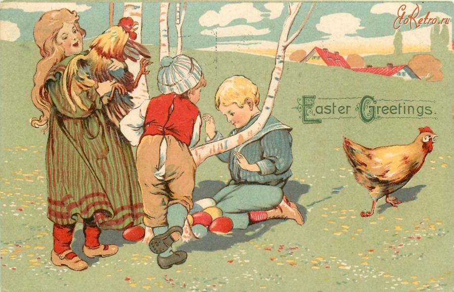 Ретро открытки - Счастливой Пасхи. Дети, куры с цыплятами и пасхальные яйца