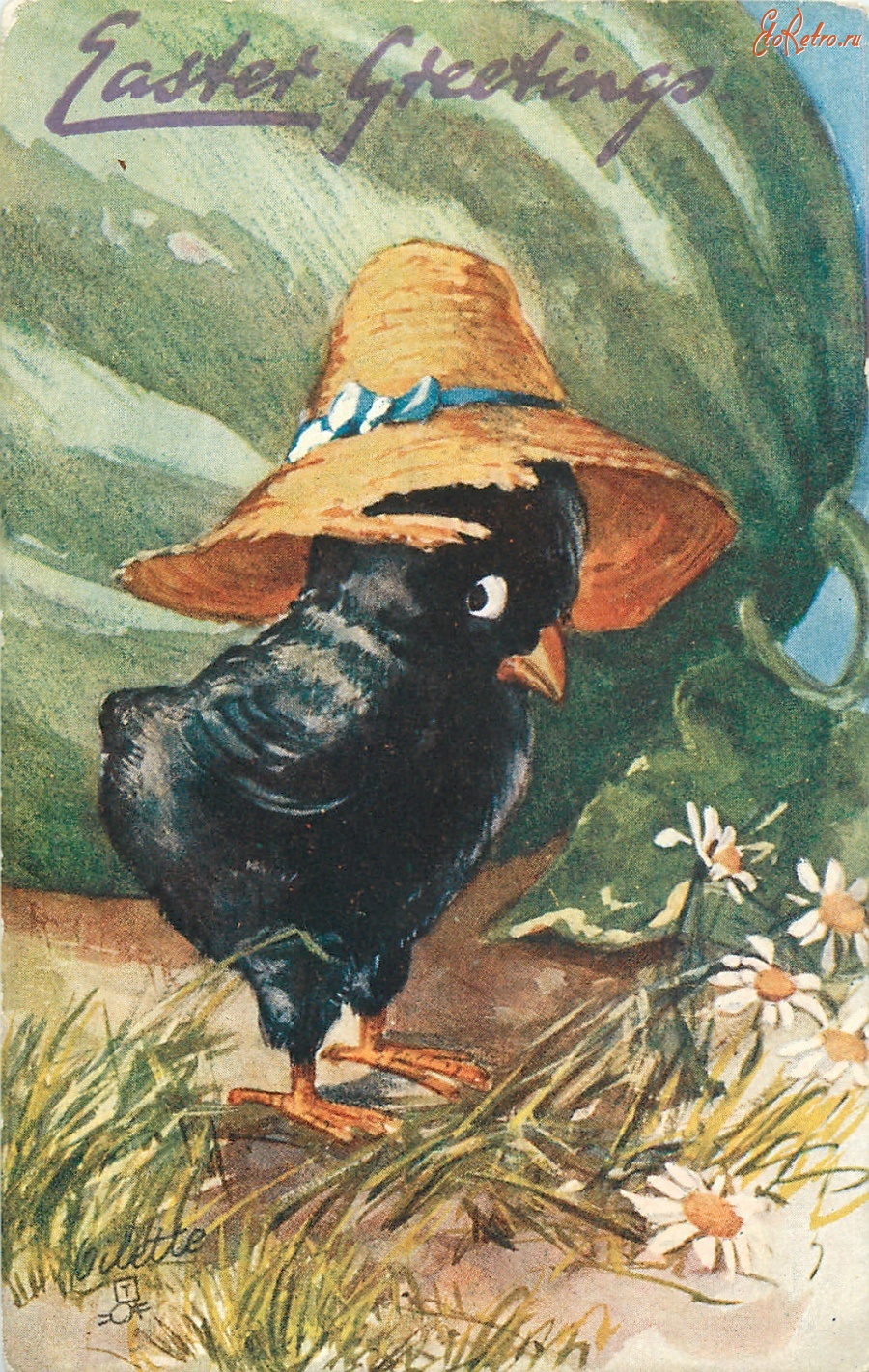 Ретро открытки - В Цыплячьей стране. Черный цыплёнок в соломенной шляпе