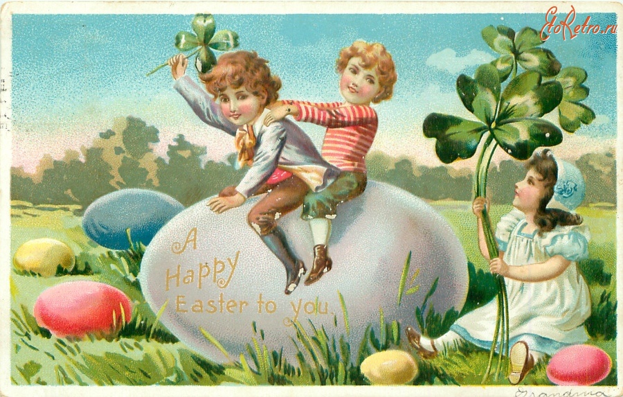 Ретро открытки - Дети, фантастическое пасхальное яйцо и счастливый клевер