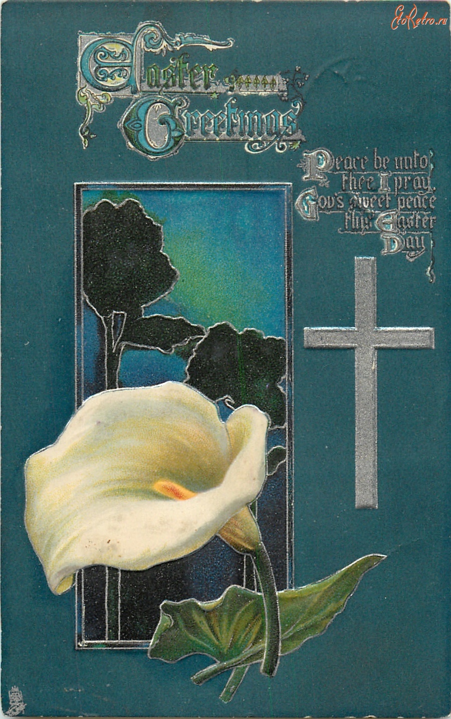Ретро открытки - Белая калла и пасхальный крест.