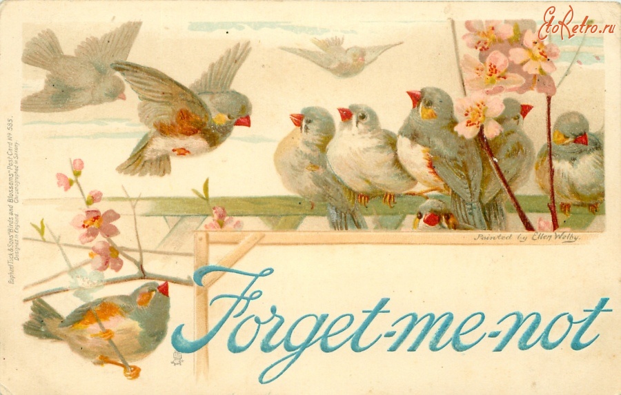 Ретро открытки - Девять зябликов и яблоневый цвет
