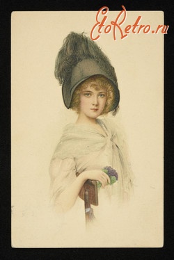 Ретро открытки - Ретро-поштівка.  Блондинка в капелюшку з букетом квітів.