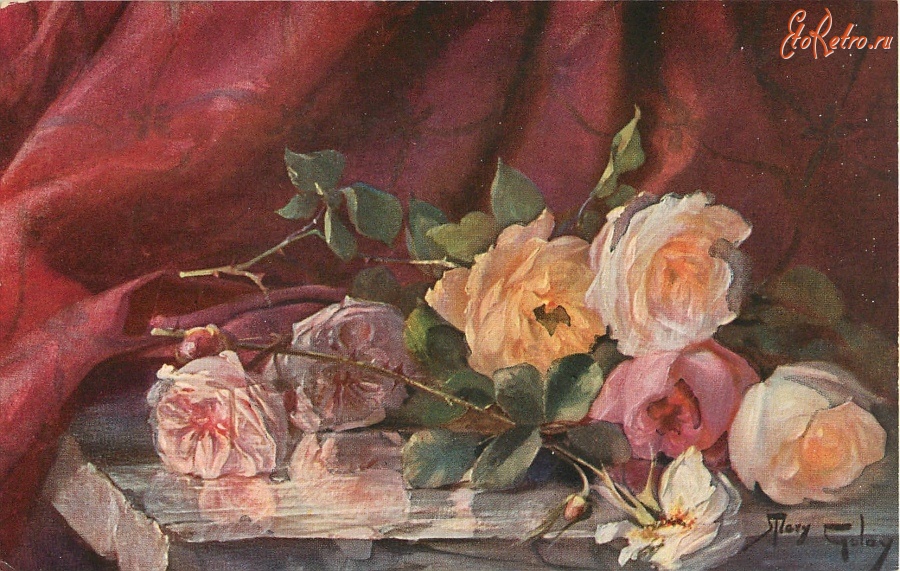Ретро открытки - Розовые и жёлтые розы на столе