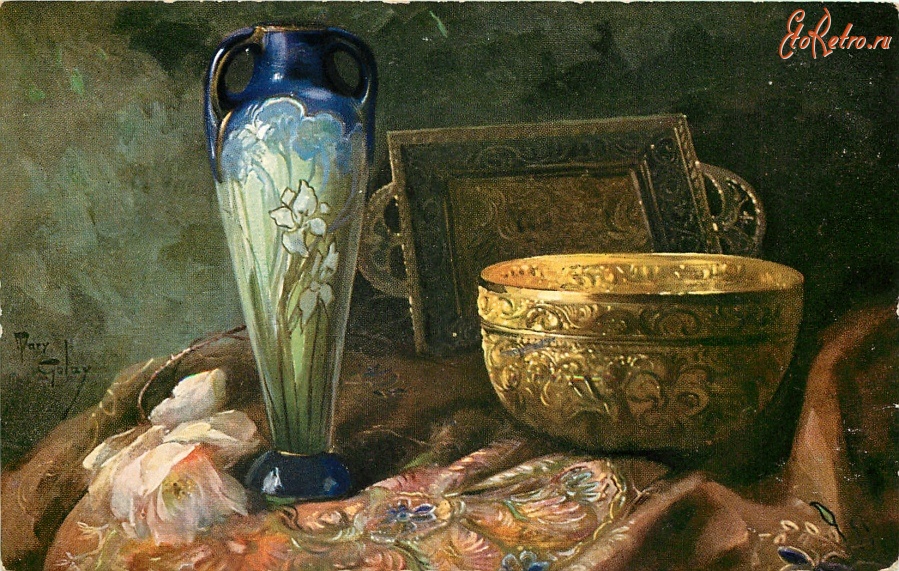 Ретро открытки - Стеклянная ваза с ирисами, латунный поднос и круглая ваза