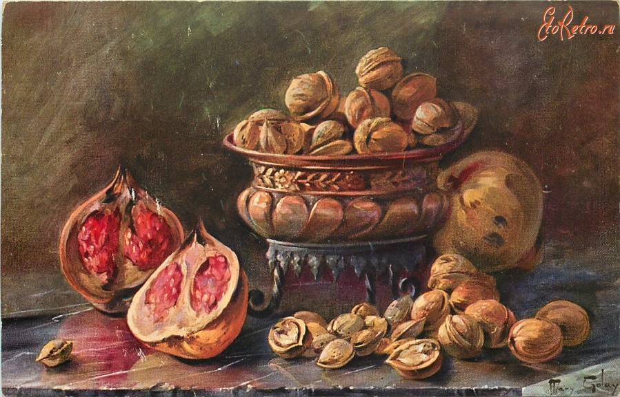 Ретро открытки - Мари Голей. Гранат, миндаль и грецкие орехи в медной вазе