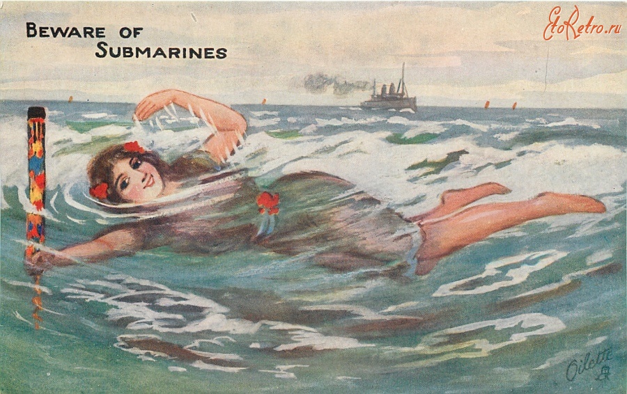 Ретро открытки - Девушка и пароход