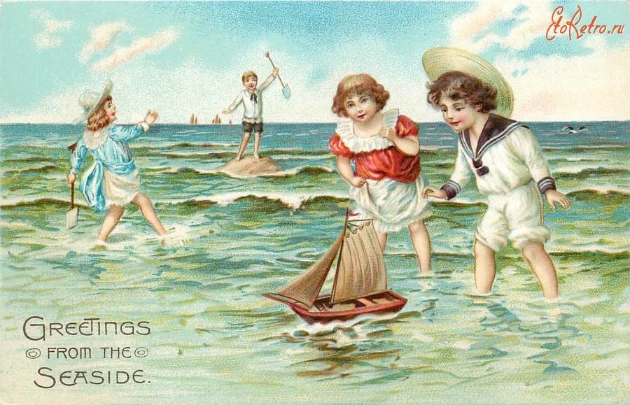 Ретро открытки - Привет с моря. Дети и парусная лодка
