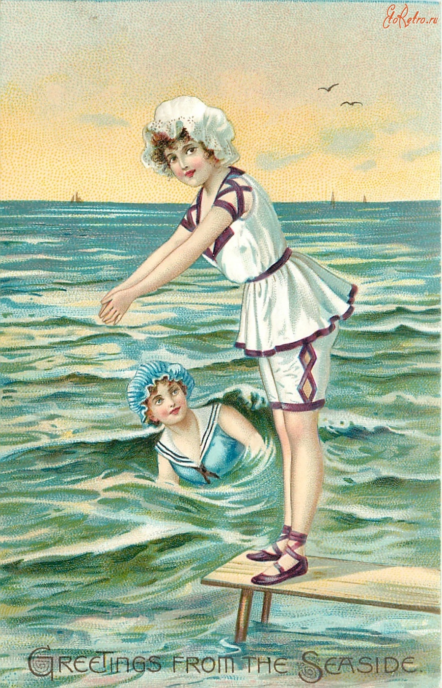 Ретро открытки - Девушка в белом купальнике у моря