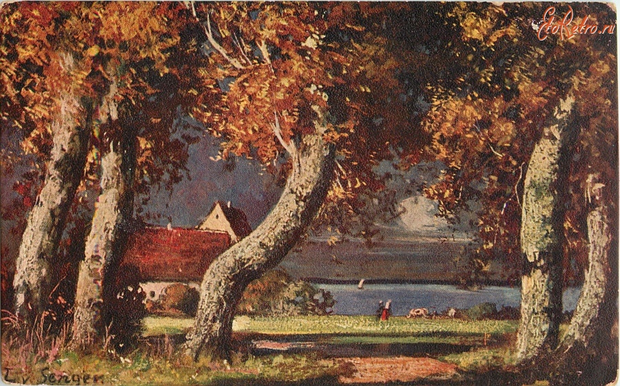 Ретро открытки - Пять деревьев, озеро и сельский дом