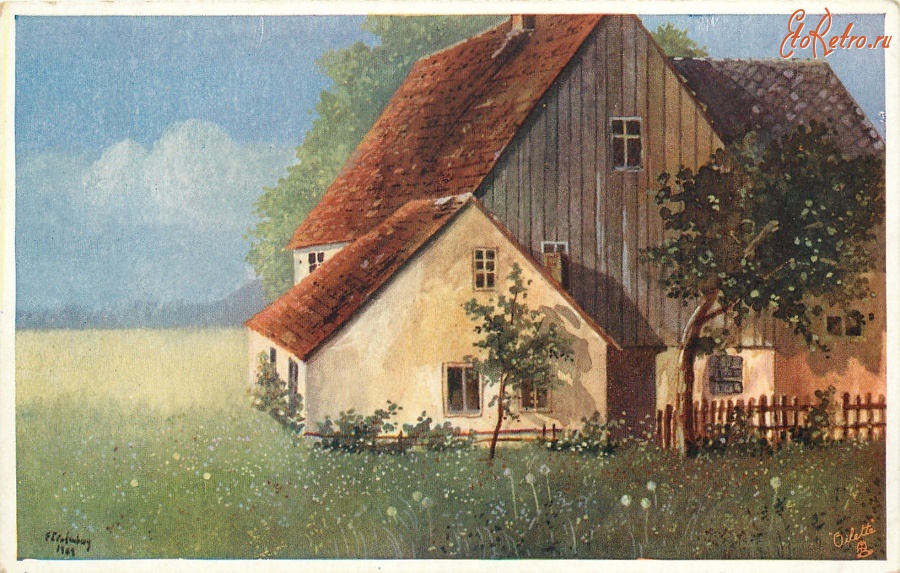 Ретро открытки - Крестьянский дом, луговые цветы и два дерева