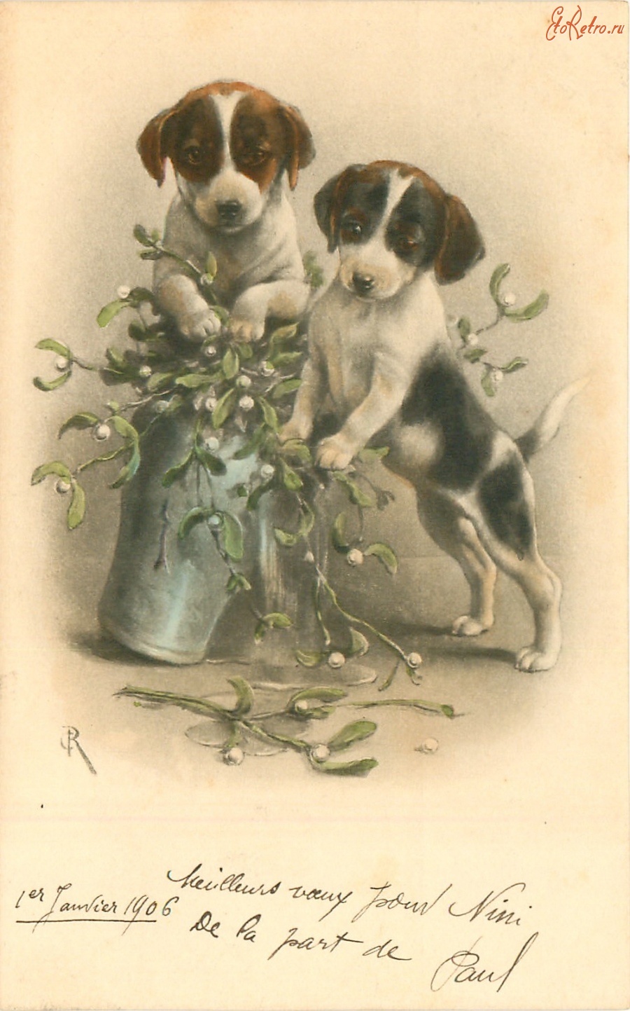 Ретро открытки - Два щенка и омела в вазе