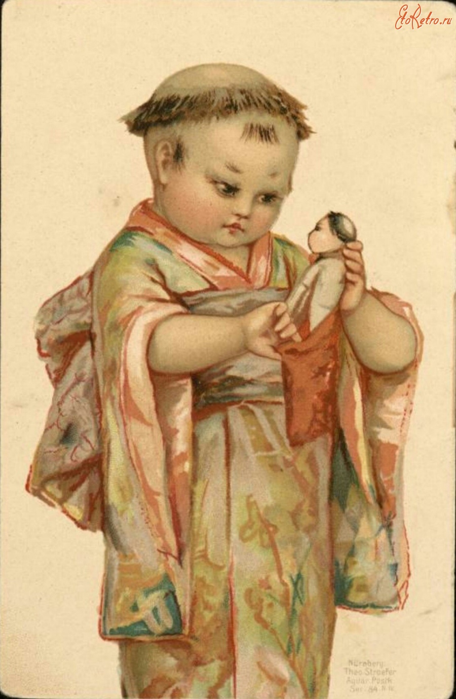 Ретро открытки - Мальчик в японском кимоно с куклой