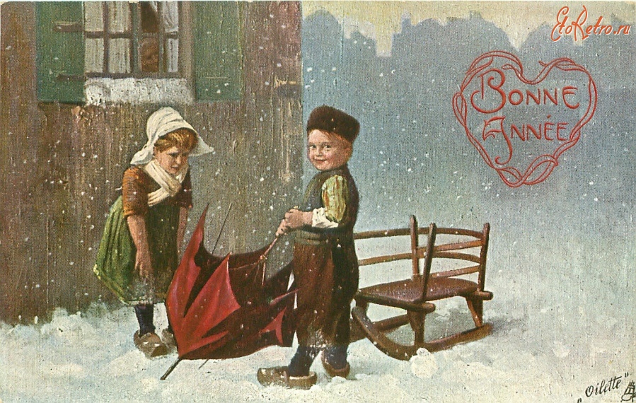Ретро открытки - Голландские дети и красный зонт