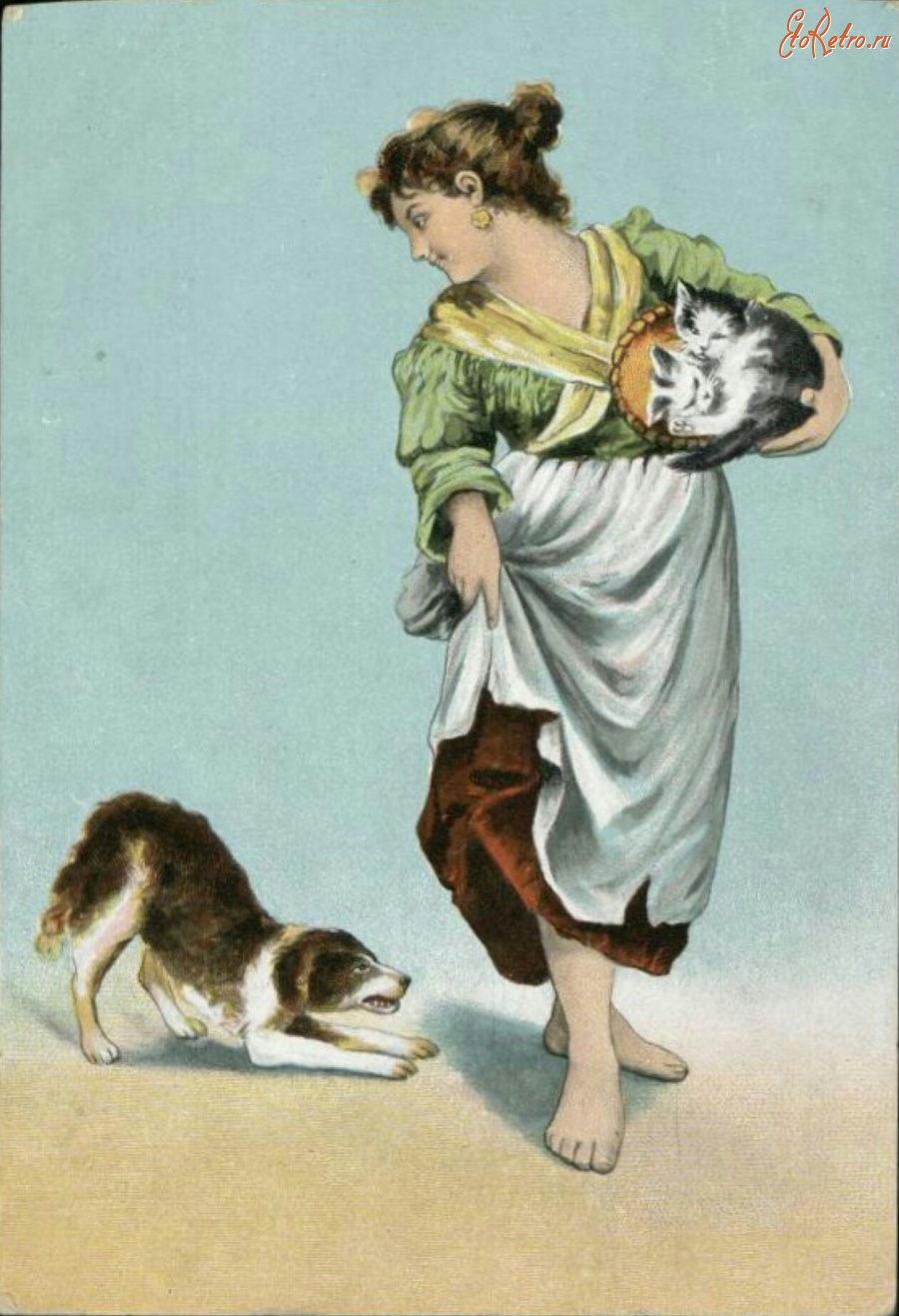 Ретро открытки - Девочка, щенок и котята в корзине