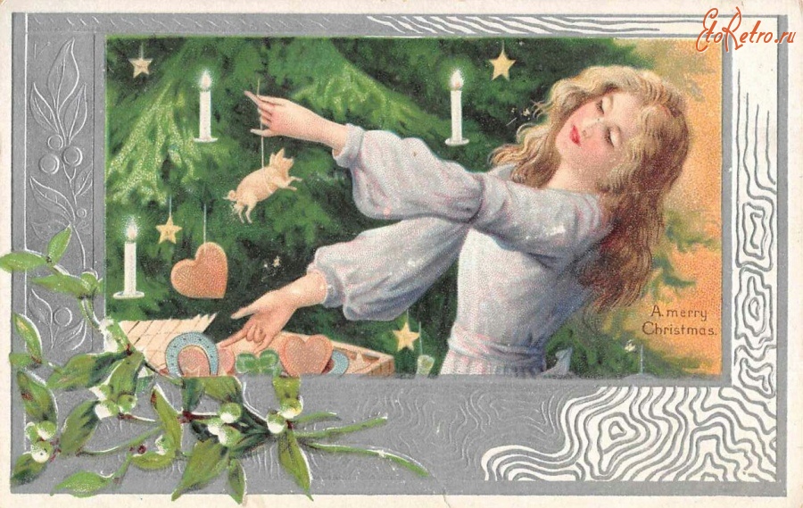 Ретро открытки - Девушка и рождественский поросёнок на  ёлке