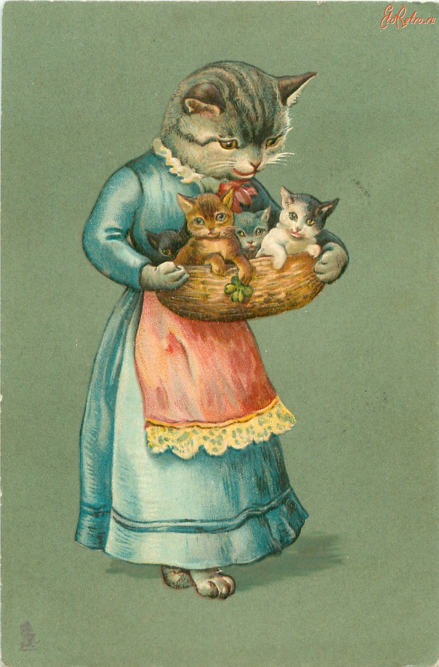 Ретро открытки - Кошка с котятами в корзинке и клевер