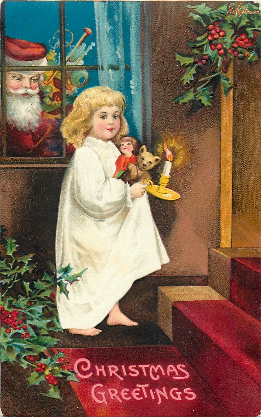 Ретро открытки - Рождество. Девочка со свечой и Санта Клаус