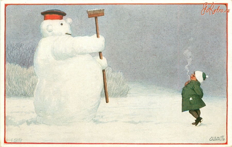 Ретро открытки - Снеговик с метлой и девочка с сигаретой
