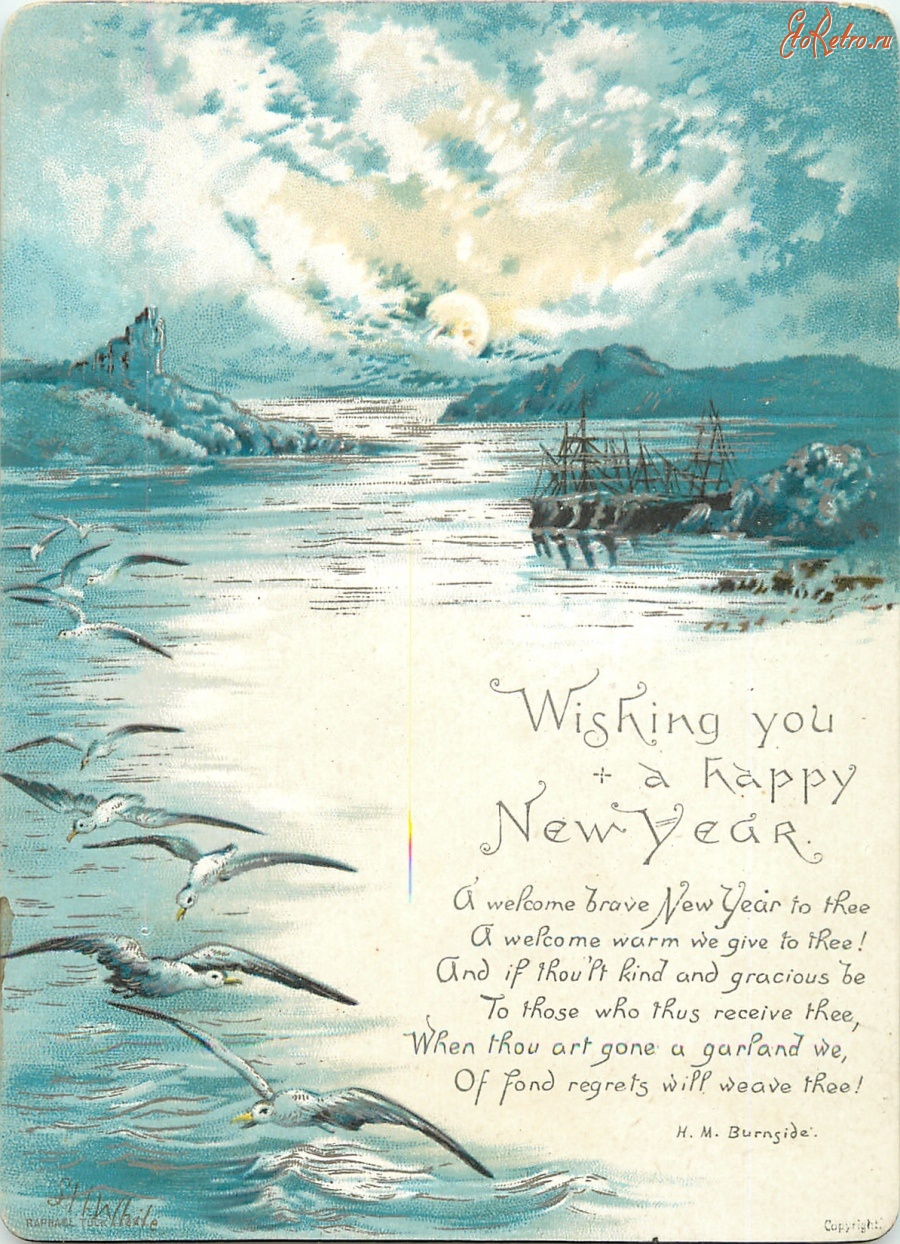 Ретро открытки - С Новым Годом. Чайки в лунном свете