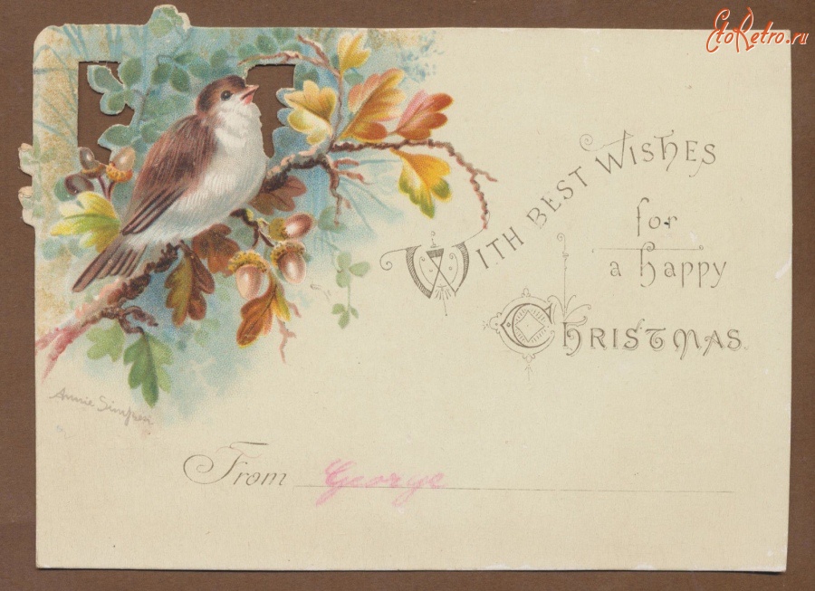 Ретро открытки - Счастливого Рождества. Птица на дубовой ветке