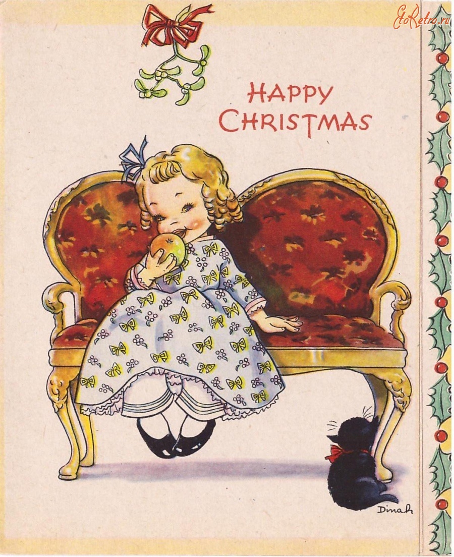 Ретро открытки - С Рождеством. Девочка с яблоком