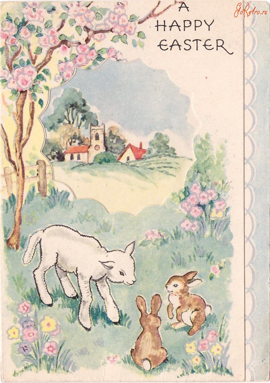 Ретро открытки - Счастливый ягнёнок и кролики