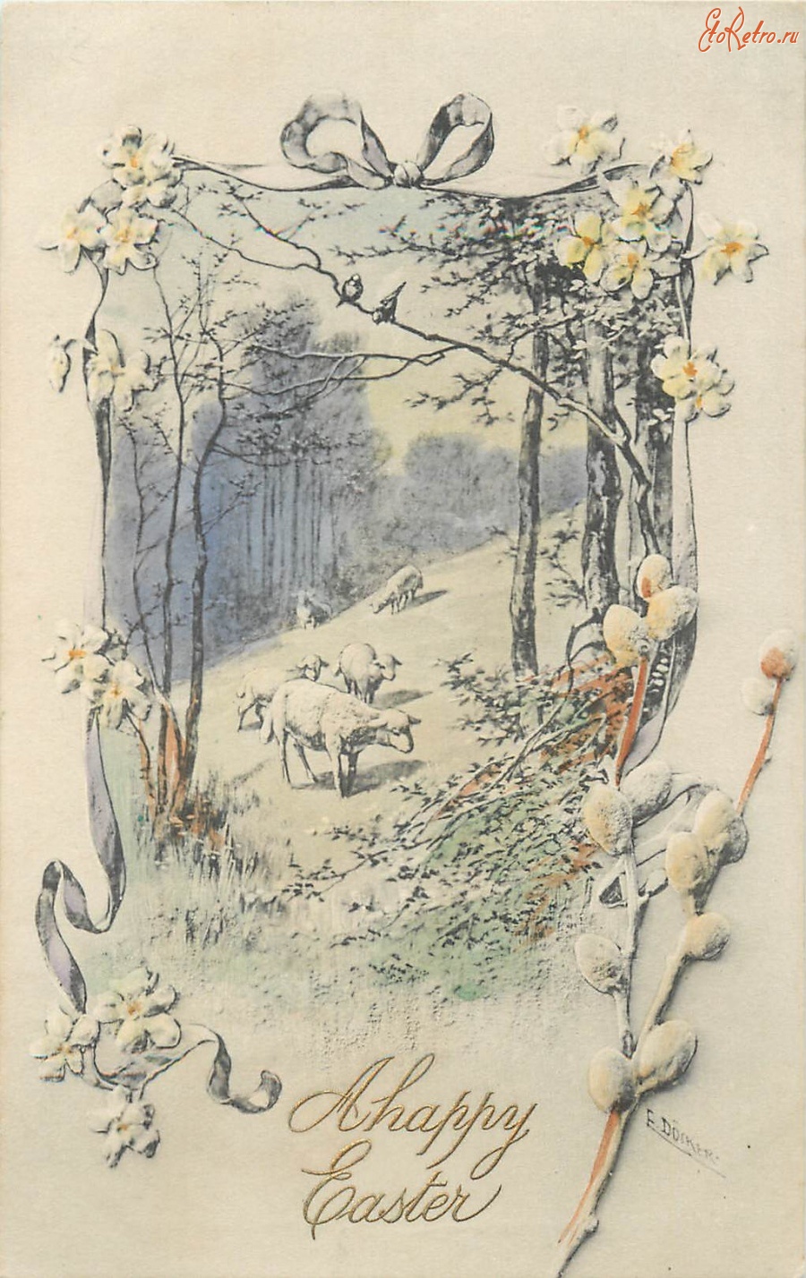 Ретро открытки - Весеннее пастбище и овцы с ягнятами