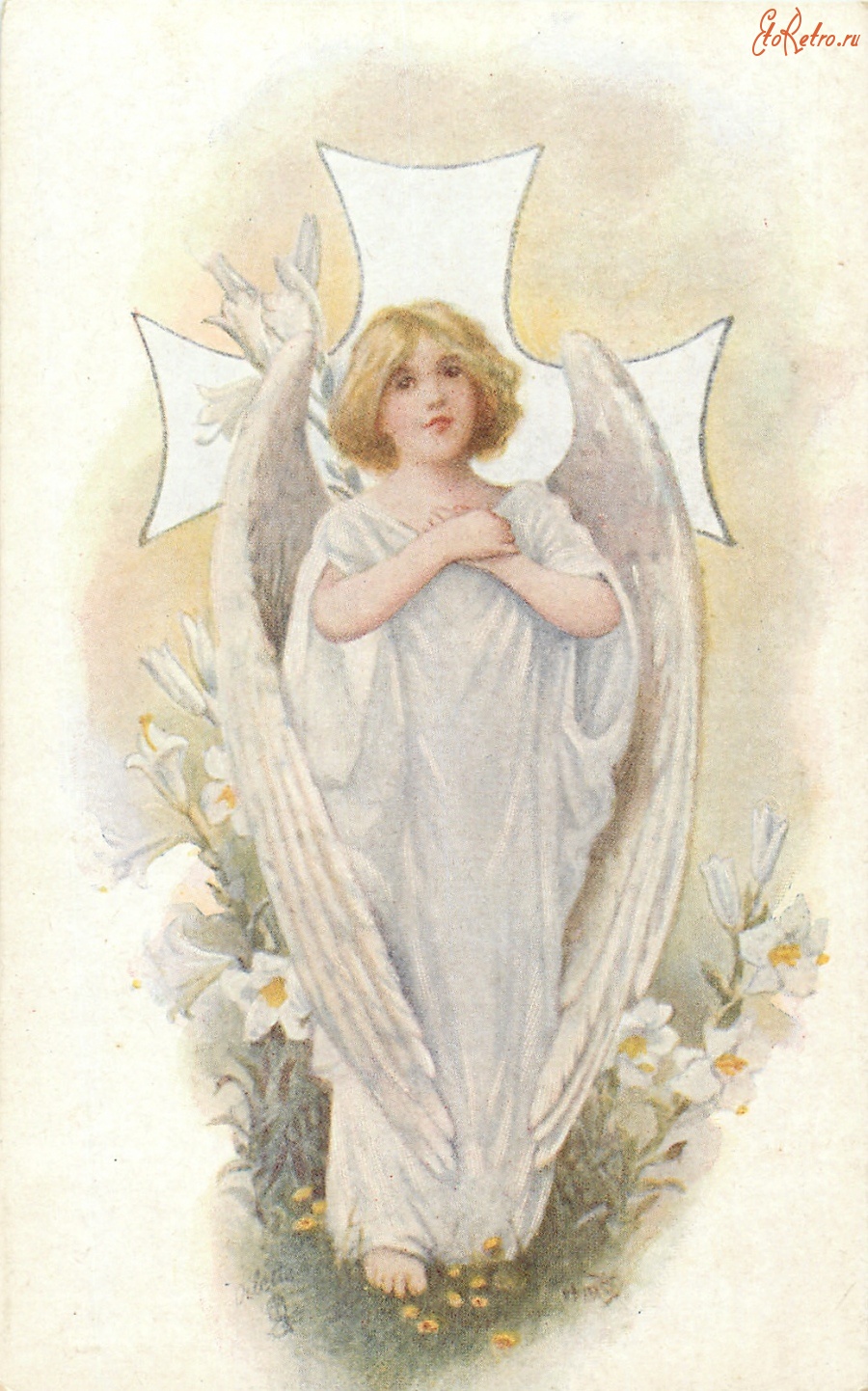 Ретро открытки - Ангел и белые пасхальные лилии