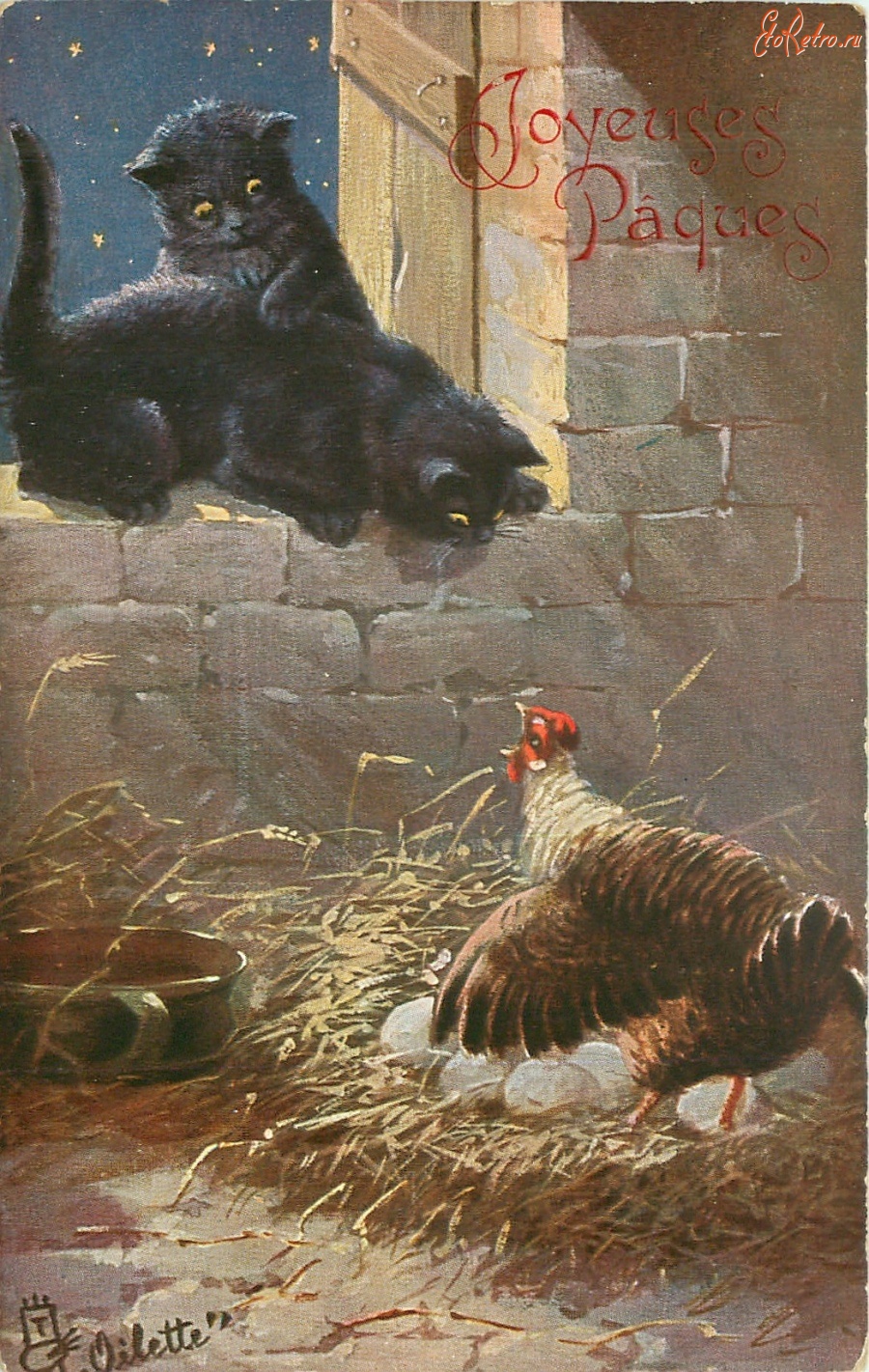 Ретро открытки - Кошки и курица в гнезде