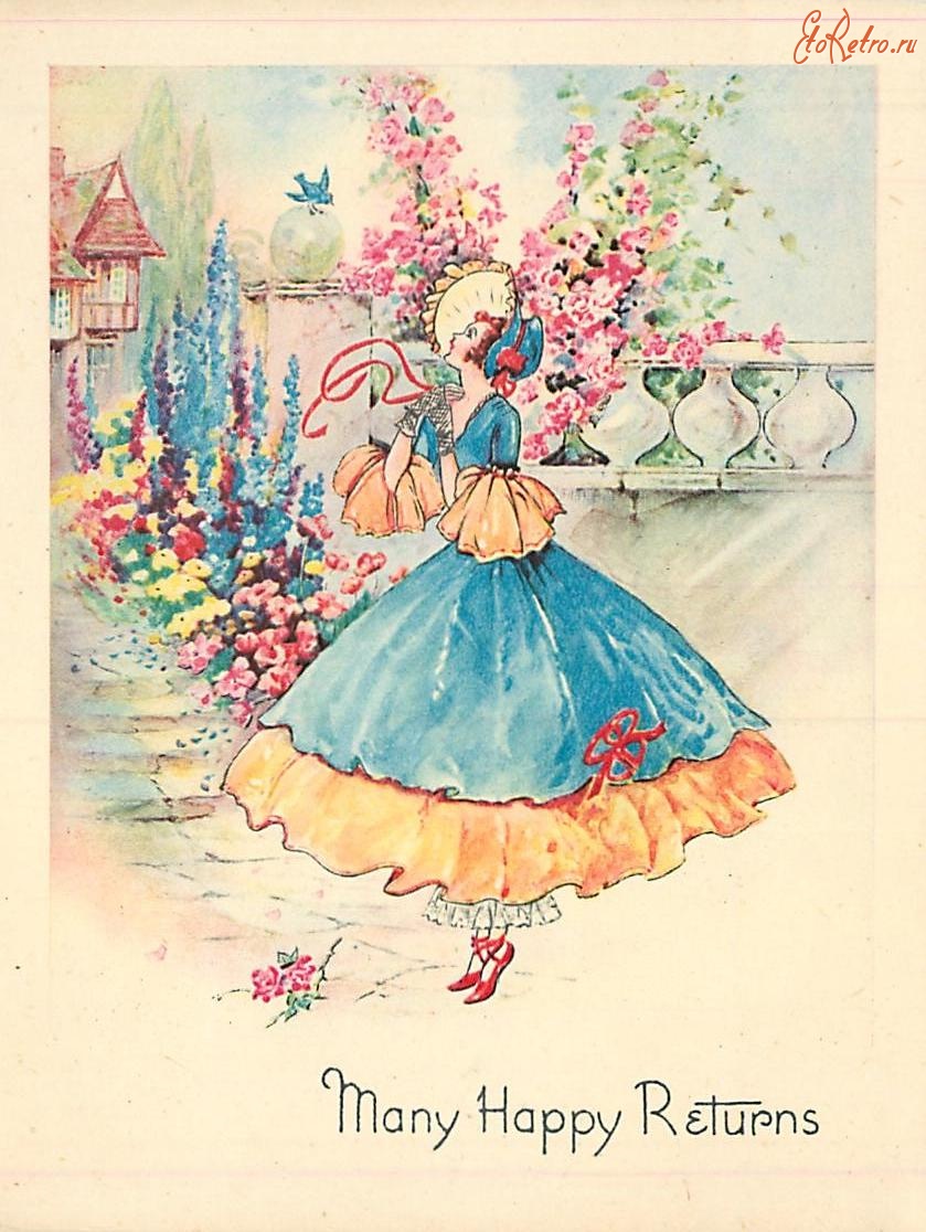 Ретро открытки - Девушка в голубом с жёлтым платье и птица счастья