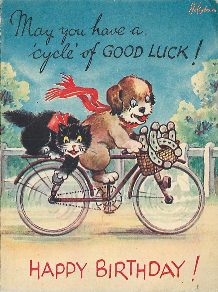 Ретро открытки - - Пусть у вас будет Цикл удачи ! Кошка и собака на велосипеде