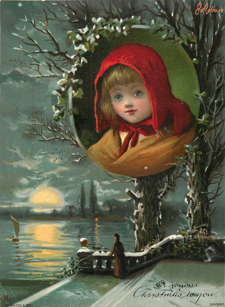 Ретро открытки - Зимняя сцена и девочка в красной шапочке