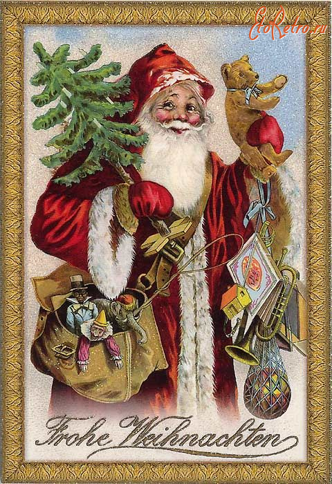 Ретро открытки - Ретро-поштівка.  Санта Клаус з подарунками.