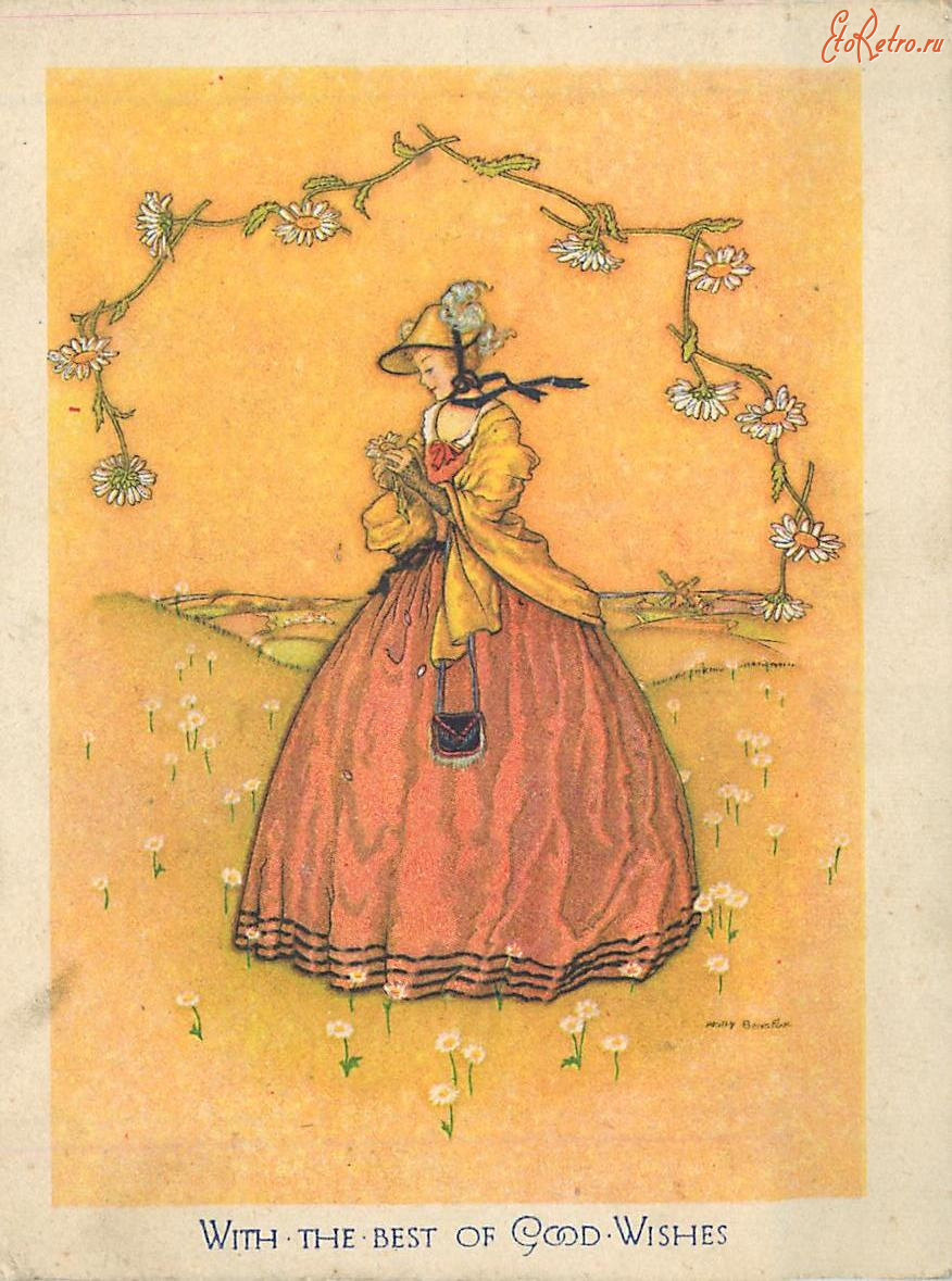 Ретро открытки - Молли Бернатар. Женщина с маргаритками на жёлтом фоне