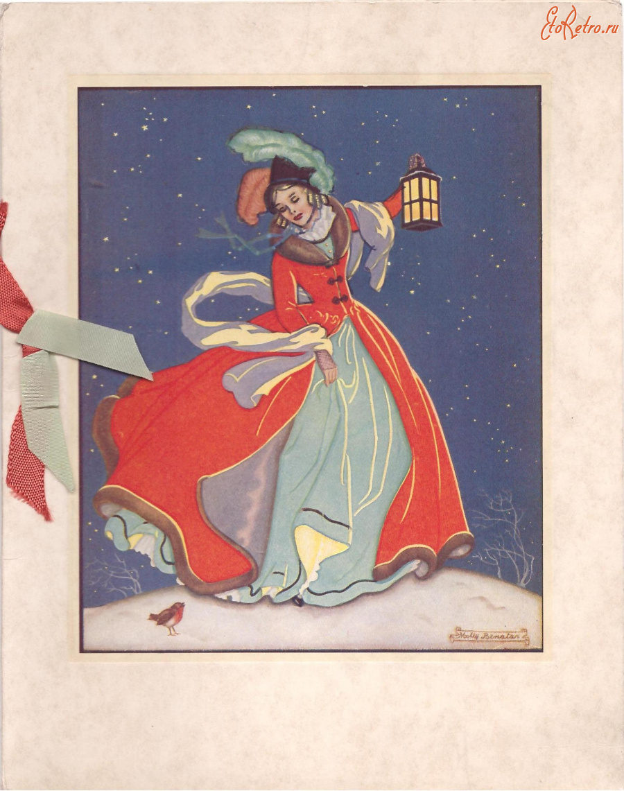 Ретро открытки - Женщина в красном пальто и малиновка