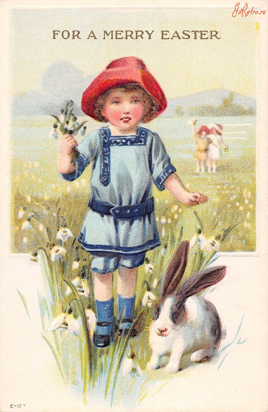 Ретро открытки - Пасхальные поздравления, Мальчик с букетом и кролик